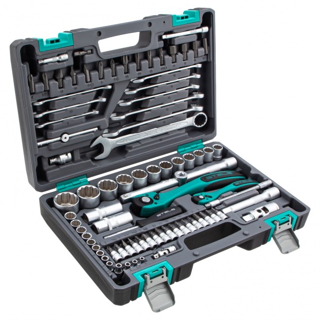 Набор инструментов 1/2", 1/4" 12 гранные головки 82 предмета Stels Набор инструментов 1/2", 1/4" 12 гранные головки 82 предмета Stels