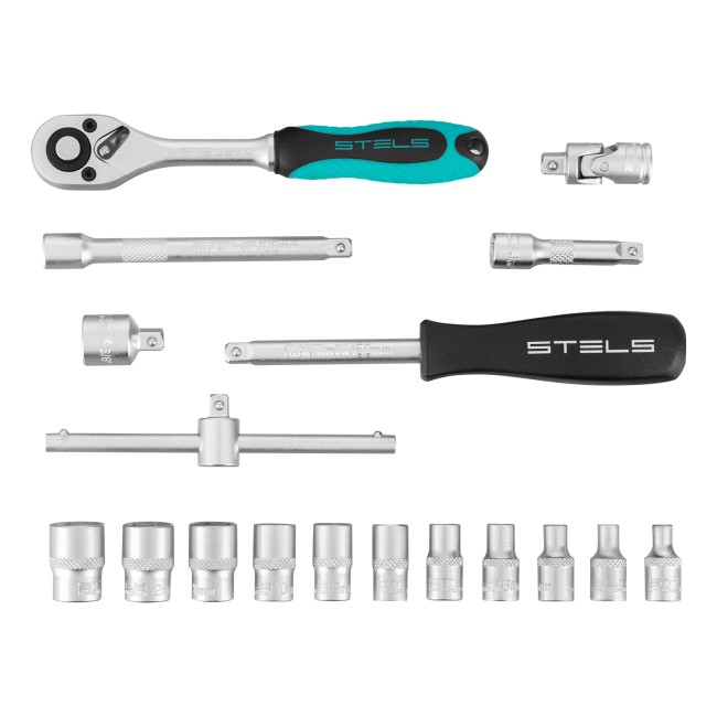 Набор торцевых головок с трещоткой, 1/4" 18 предметов Stels